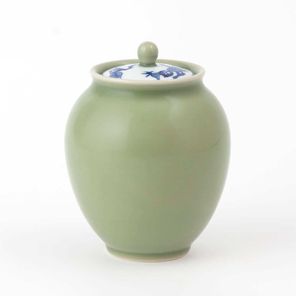 本物の ☆70% OFF!!☆ 有田焼の ｜ 紅茶茶壺「錫加工」 青磁木ノ葉文 工芸品